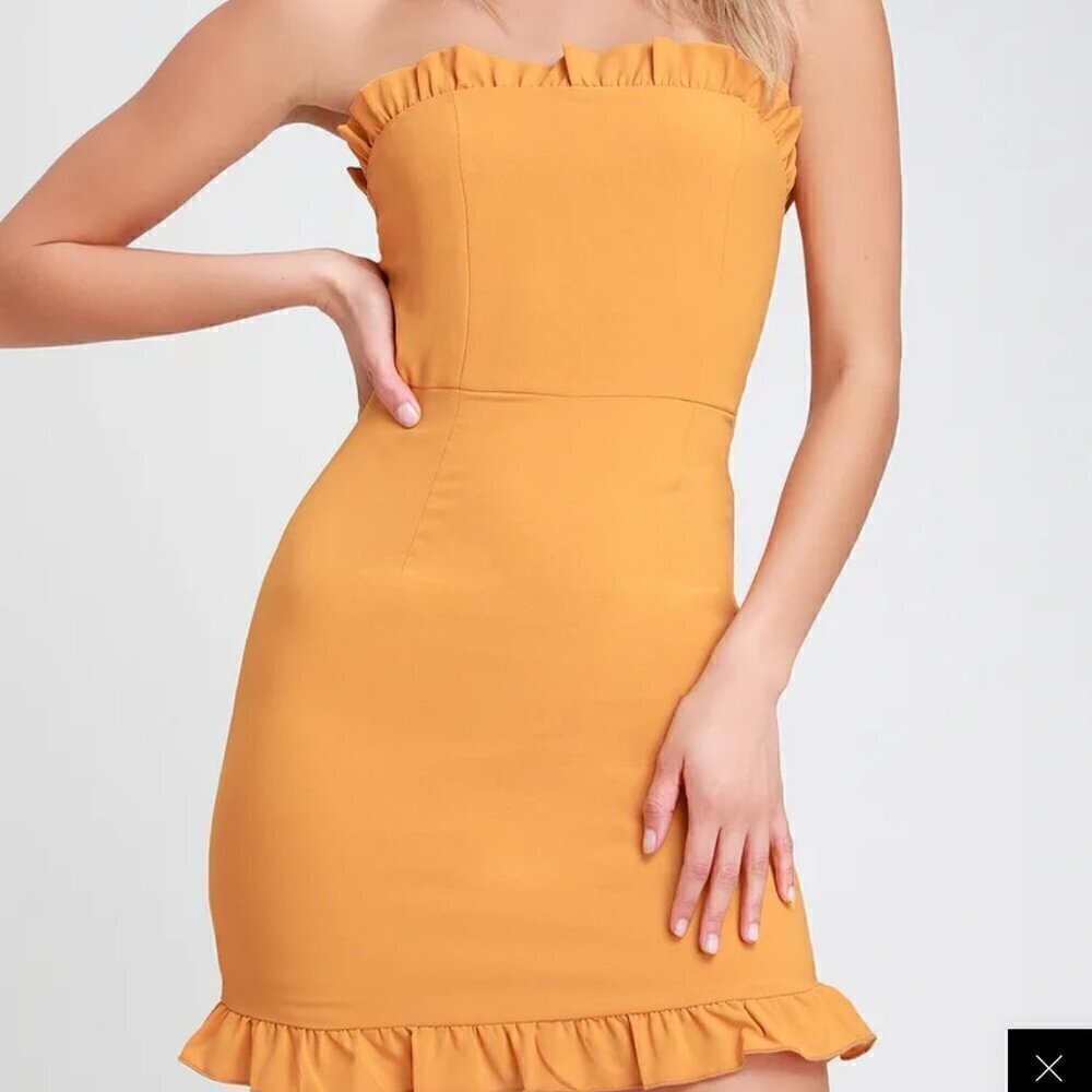 LULU'S Golden Yellow Strapless Ruffled Bodycon Lined Mini Dress Size S